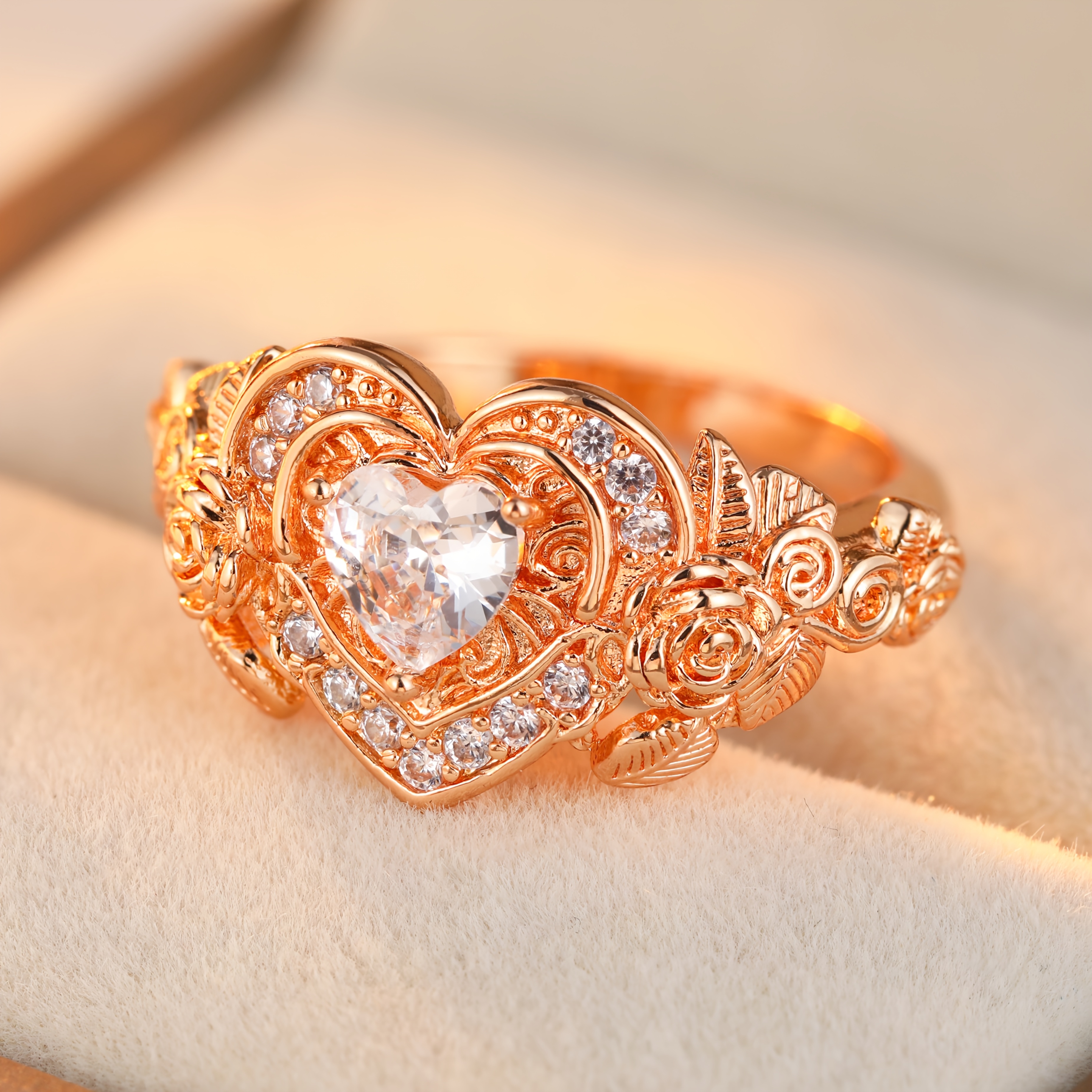 Women's Rose Gold Flower Synthetic Zirconia Ring, Elegant Design